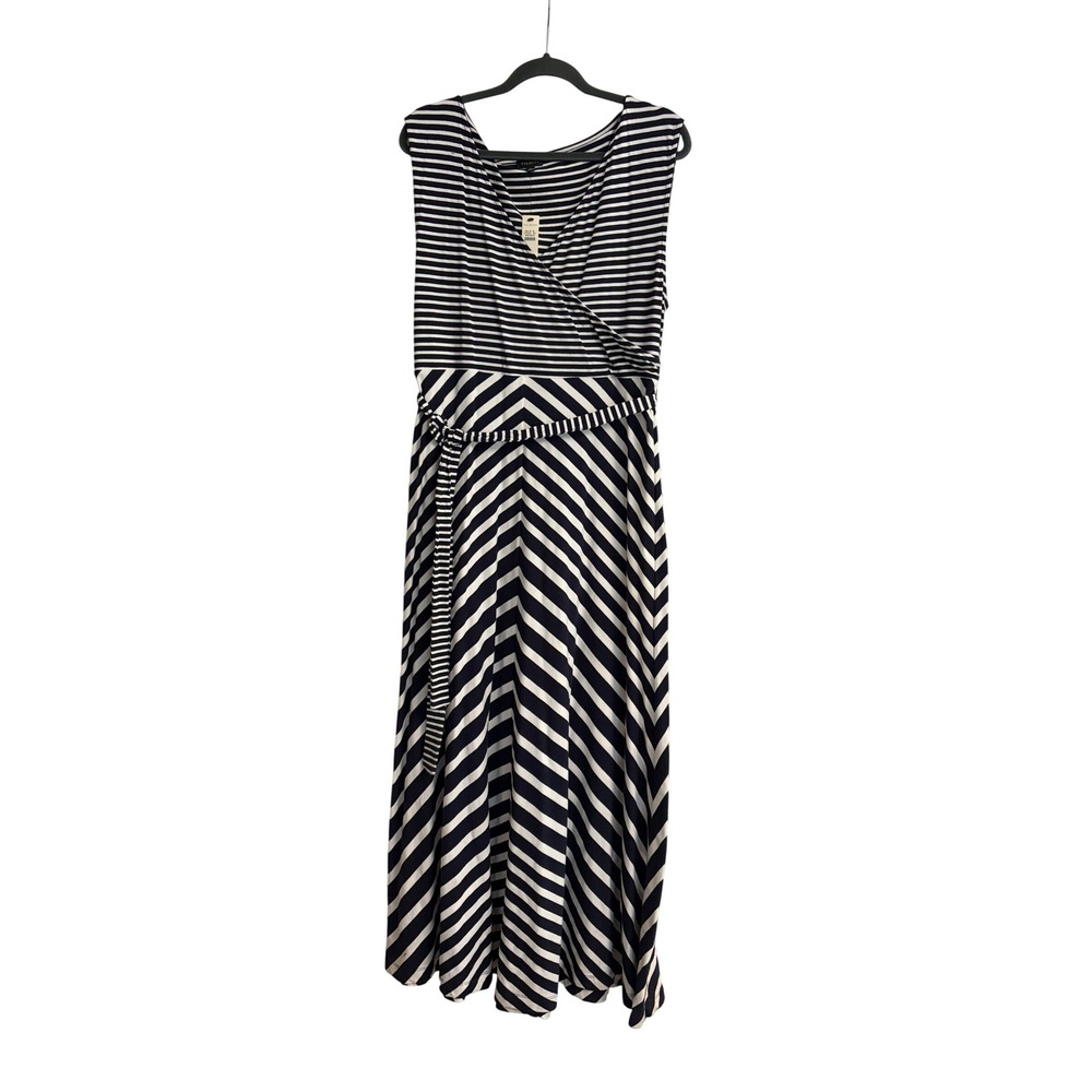 New‎ Talbots XL Dk Navy White Striped Sleeveless Maxi Long Dress Belted Nautical